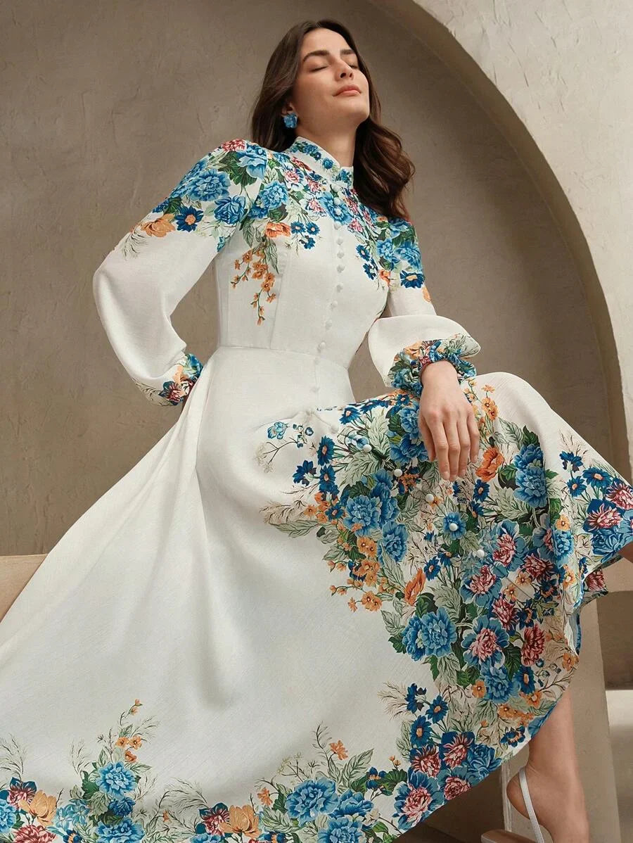Romantic amp Elegant Floral Print ButtonDown Long Sleeve Dress For Women Suitable For Spring amp