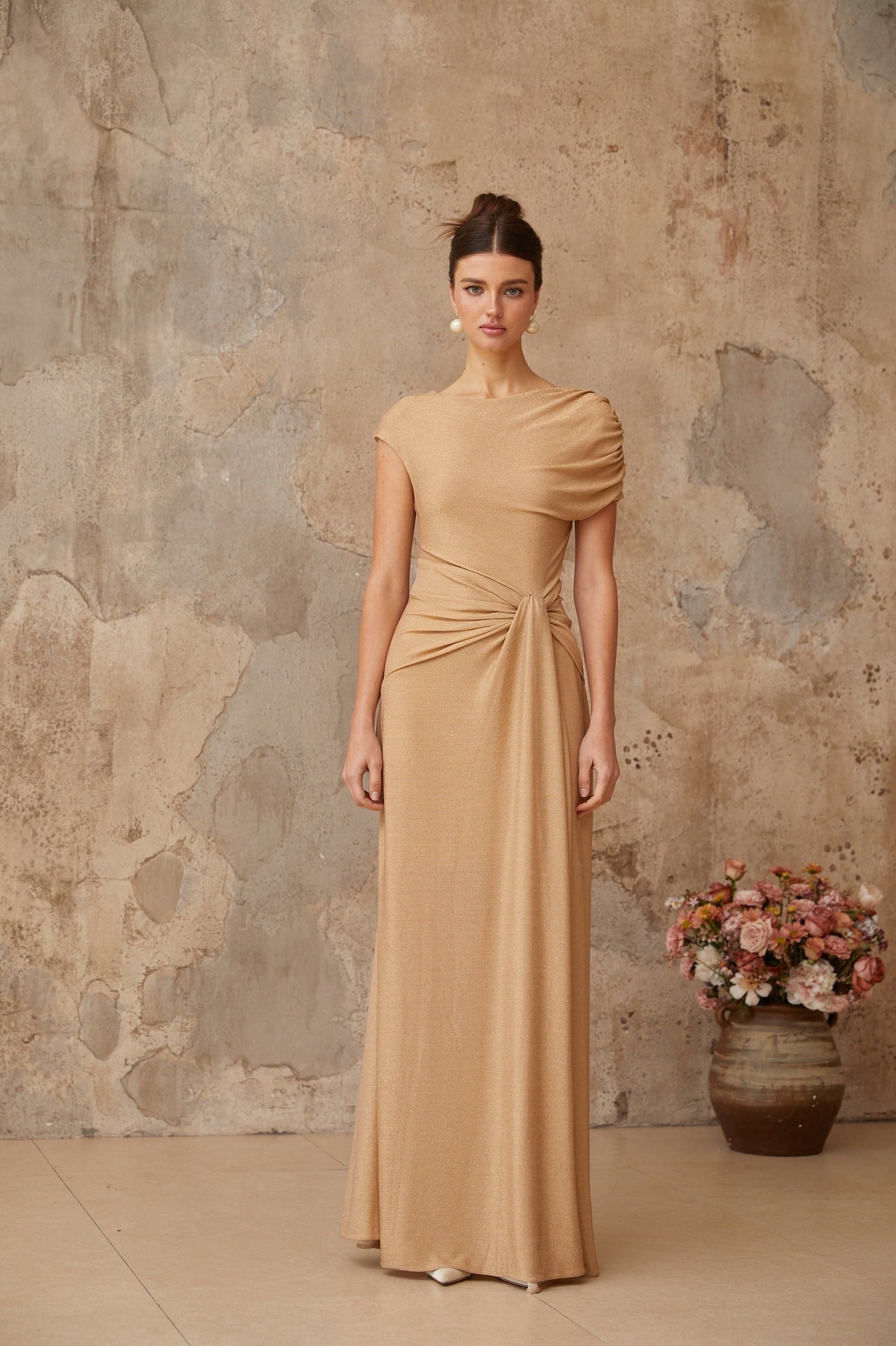 Rosalie gold asymmetrical pleated maxi dress