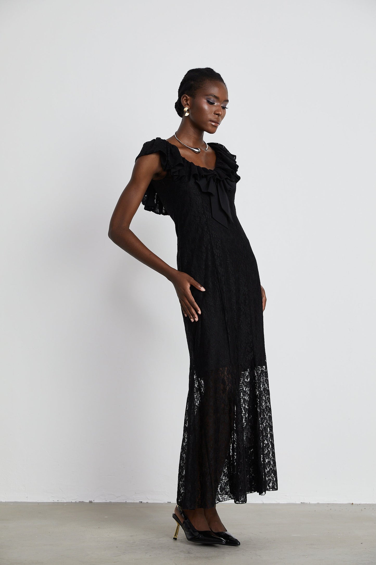 Roseline ruffledtrim florallace gown