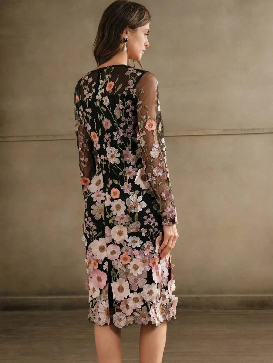 Round Neck Long Sleeve Slit Embroidery 3D Floral Relaxed Casual Dress Maxi Women Outfit