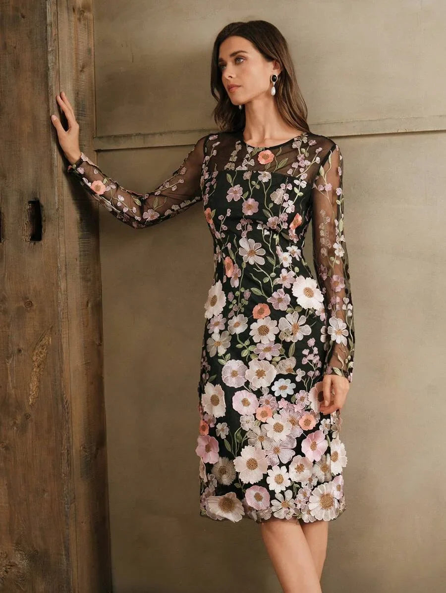 Round Neck Long Sleeve Slit Embroidery 3D Floral Relaxed Casual Dress Maxi Women Outfit