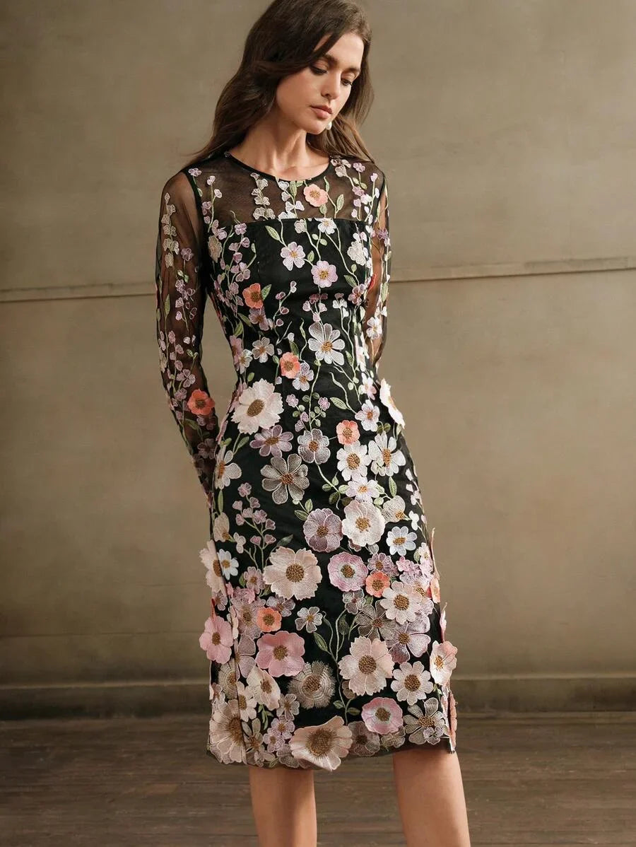 Round Neck Long Sleeve Slit Embroidery 3D Floral Relaxed Casual Dress Maxi Women Outfit
