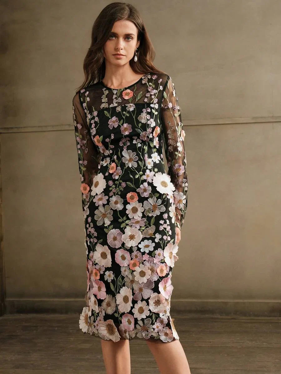 Round Neck Long Sleeve Slit Embroidery 3D Floral Relaxed Casual Dress Maxi Women Outfit