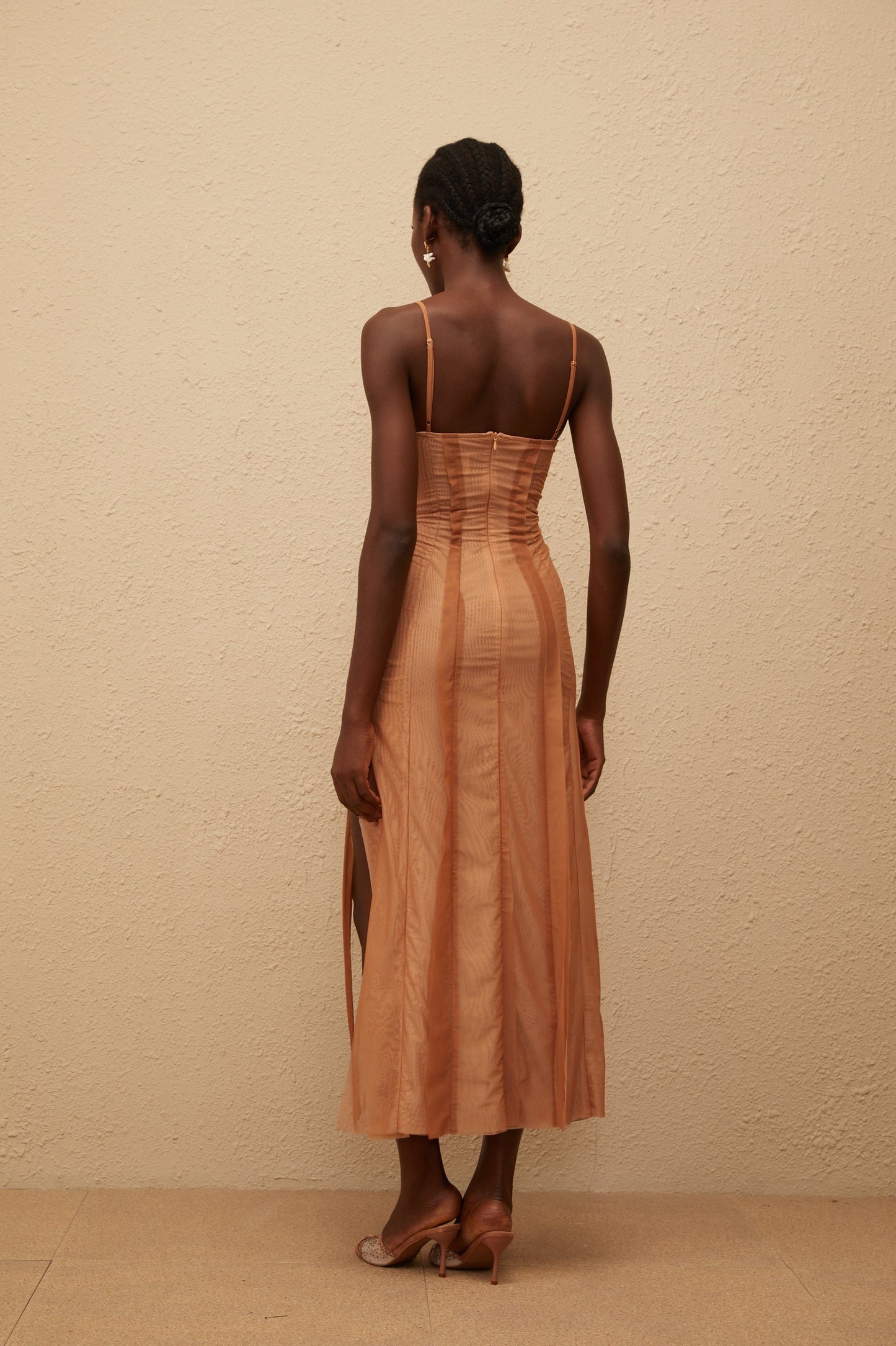 Roxane Brown Asymmetrical Tulle Maxi Dress