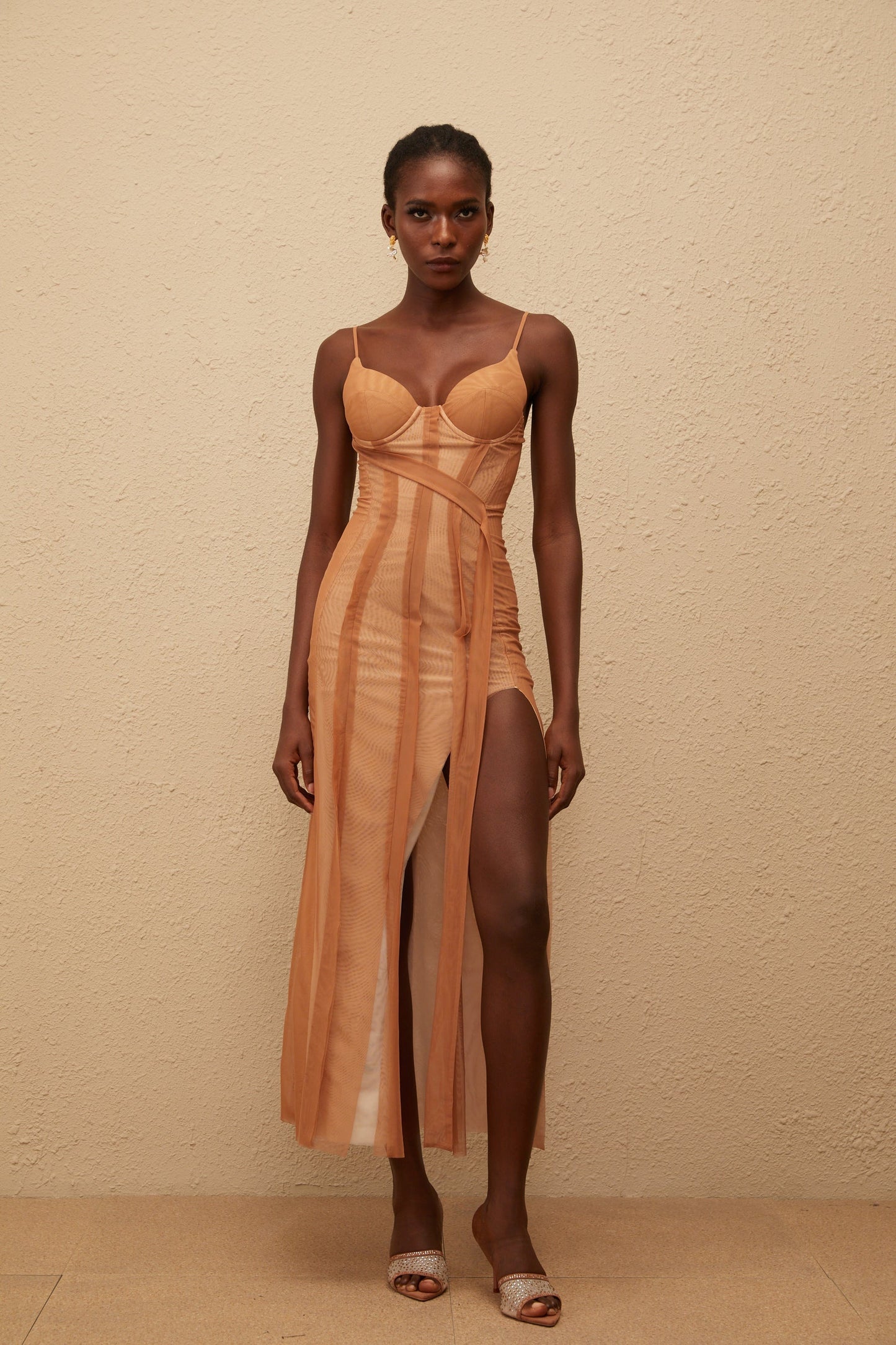Roxane Brown Asymmetrical Tulle Maxi Dress