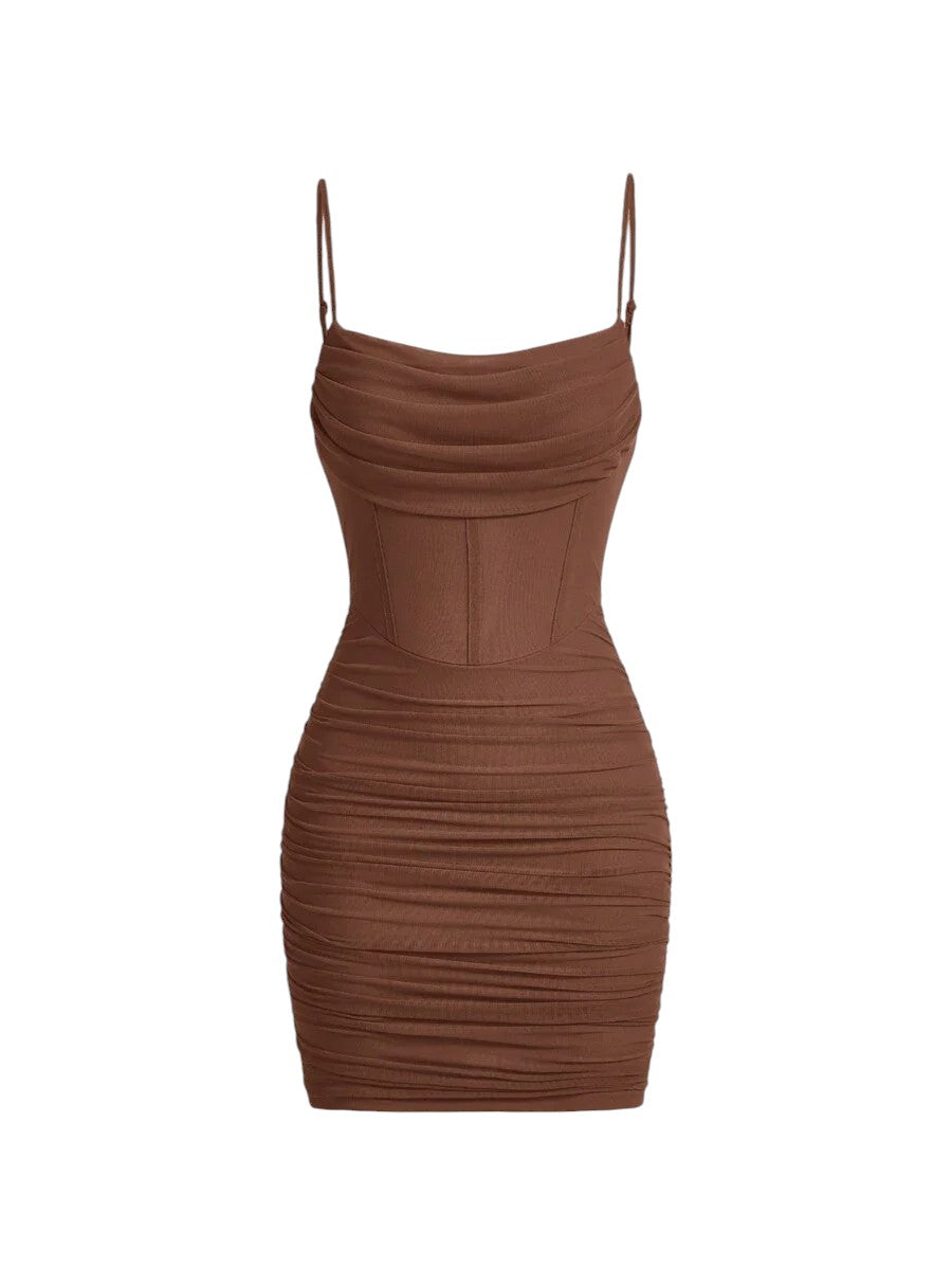 Ruched Mesh Cami Bodycon Summer Short Dress in Brown