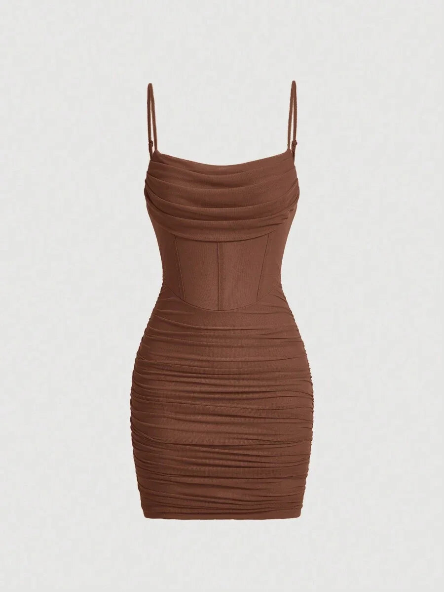 Ruched Mesh Cami Bodycon Summer Short Dress in Brown