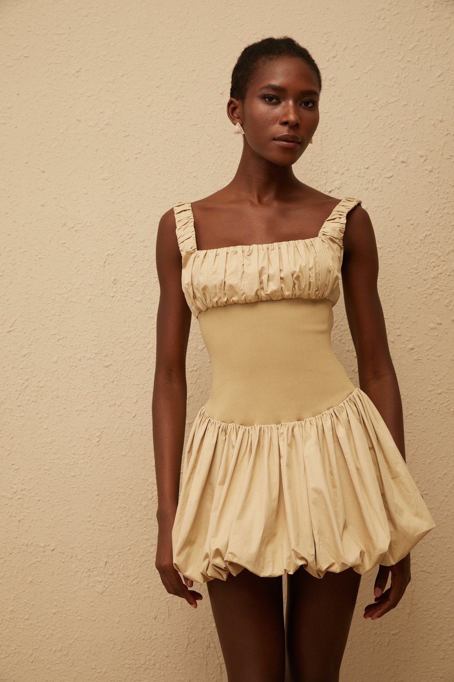 Sandrine Khaki Shirred Bubble Hem Mini Dress