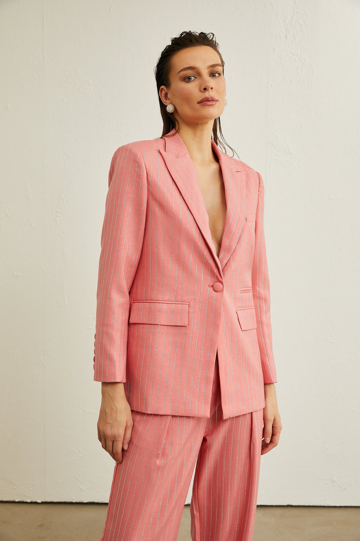 Sarah pink striped embellished jacket trousers matching set