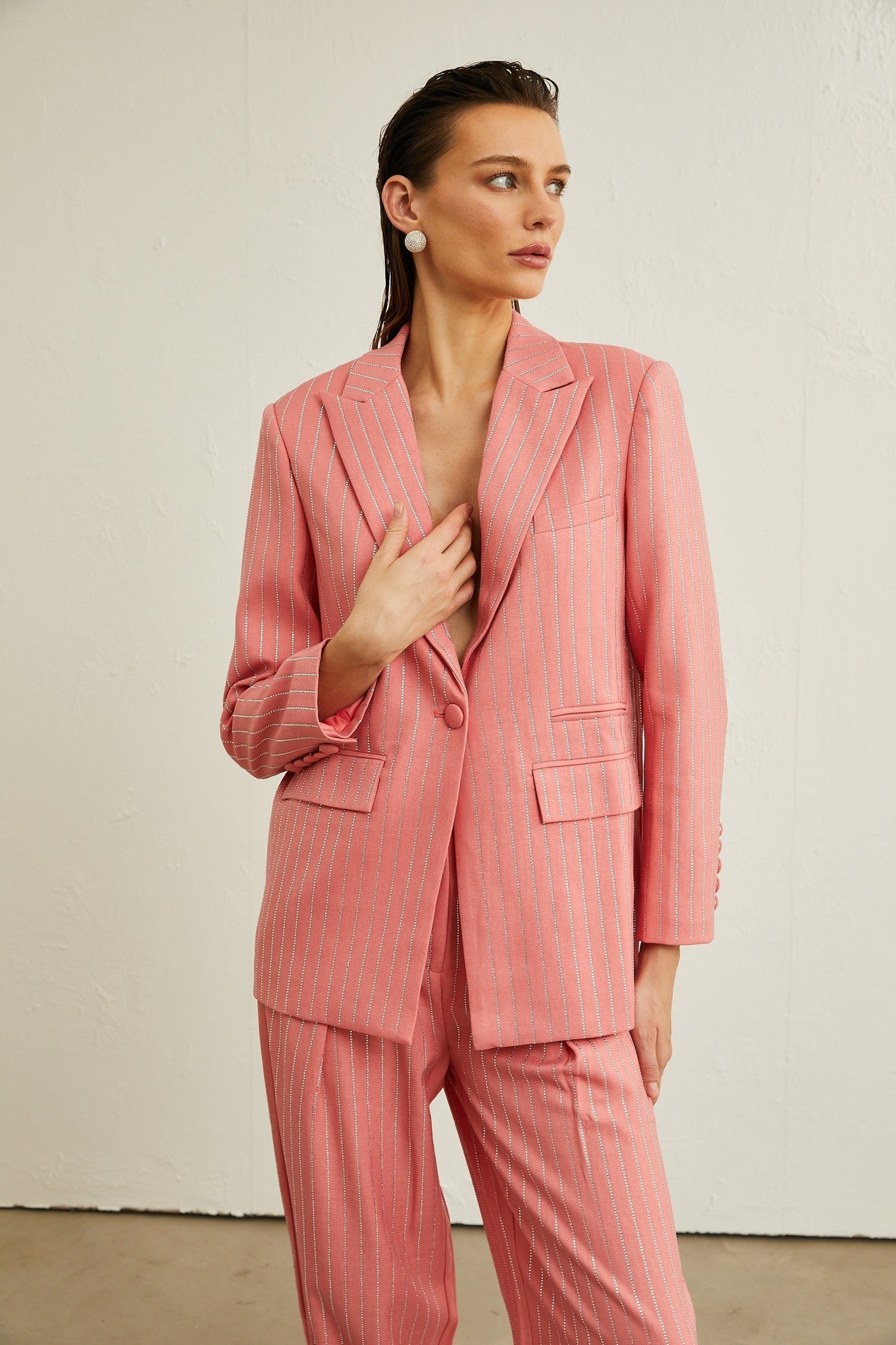 Sarah pink striped embellished jacket trousers matching set