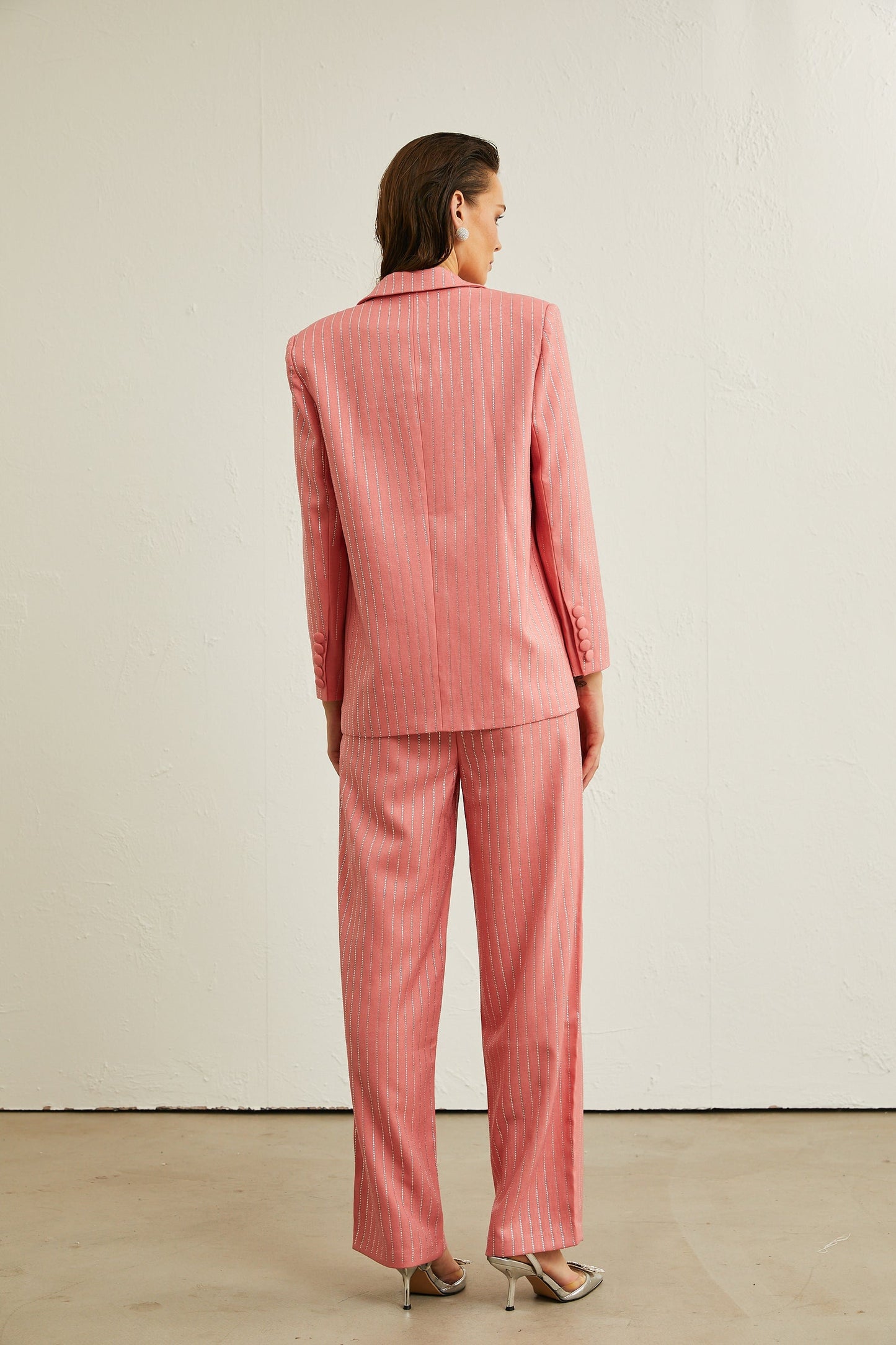 Sarah pink striped embellished jacket trousers matching set