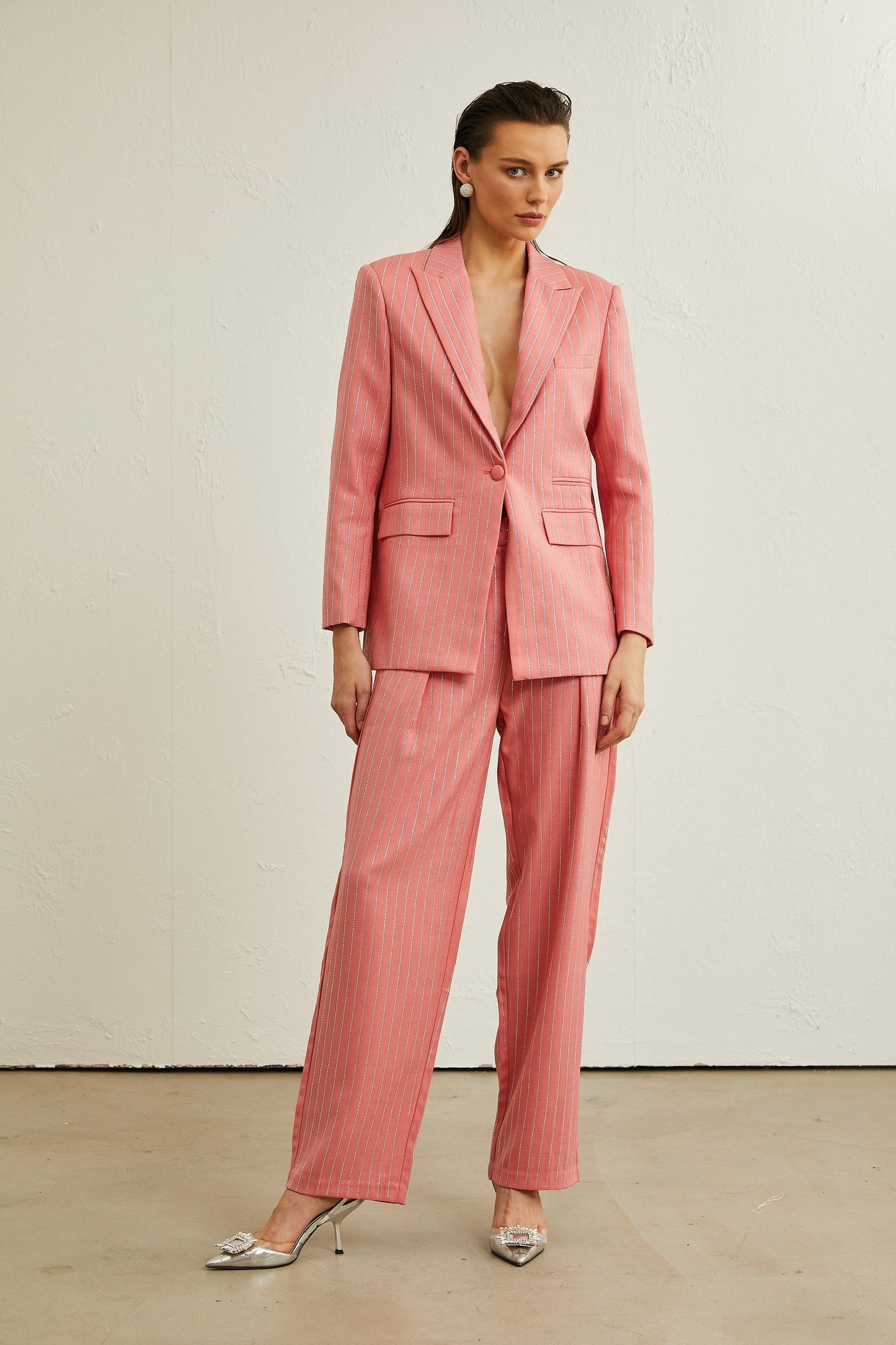 Sarah pink striped embellished jacket trousers matching set