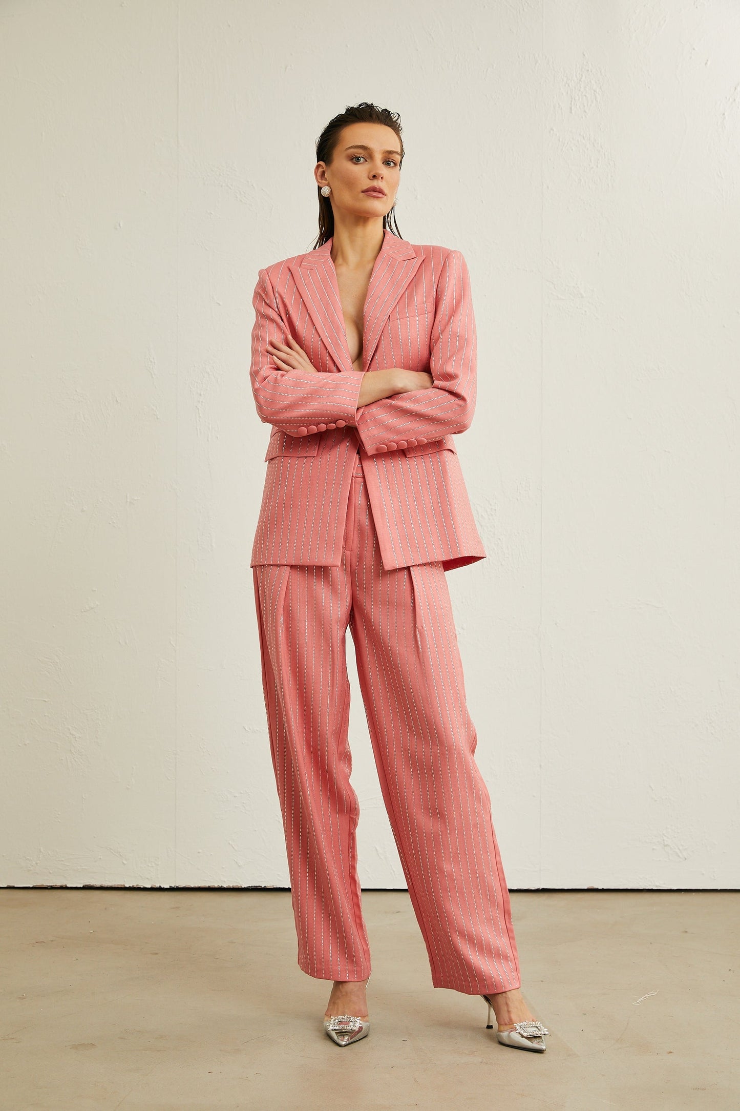 Sarah pink striped embellished jacket trousers matching set