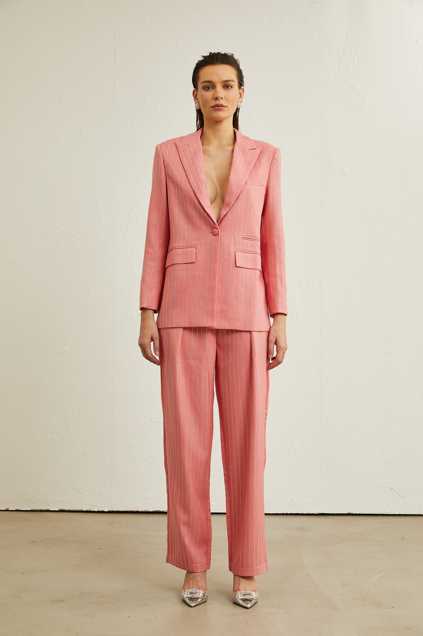 Sarah pink striped embellished jacket trousers matching set