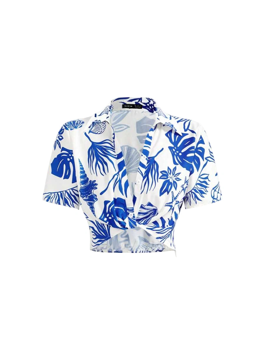 Crop Top Seashell Print Twist Neck Short Sleeve Shirt Casual Summer Shirt