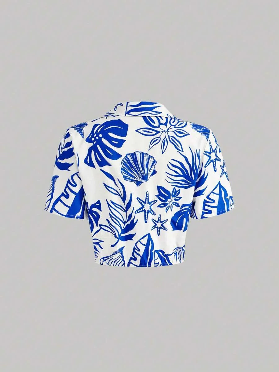 Crop Top Seashell Print Twist Neck Short Sleeve Shirt Casual Summer Shirt