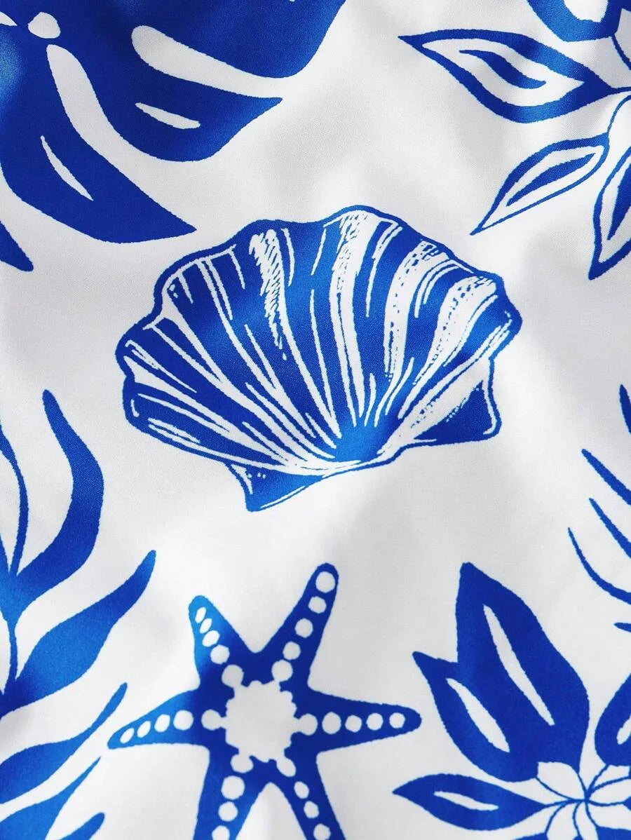 Crop Top Seashell Print Twist Neck Short Sleeve Shirt Casual Summer Shirt