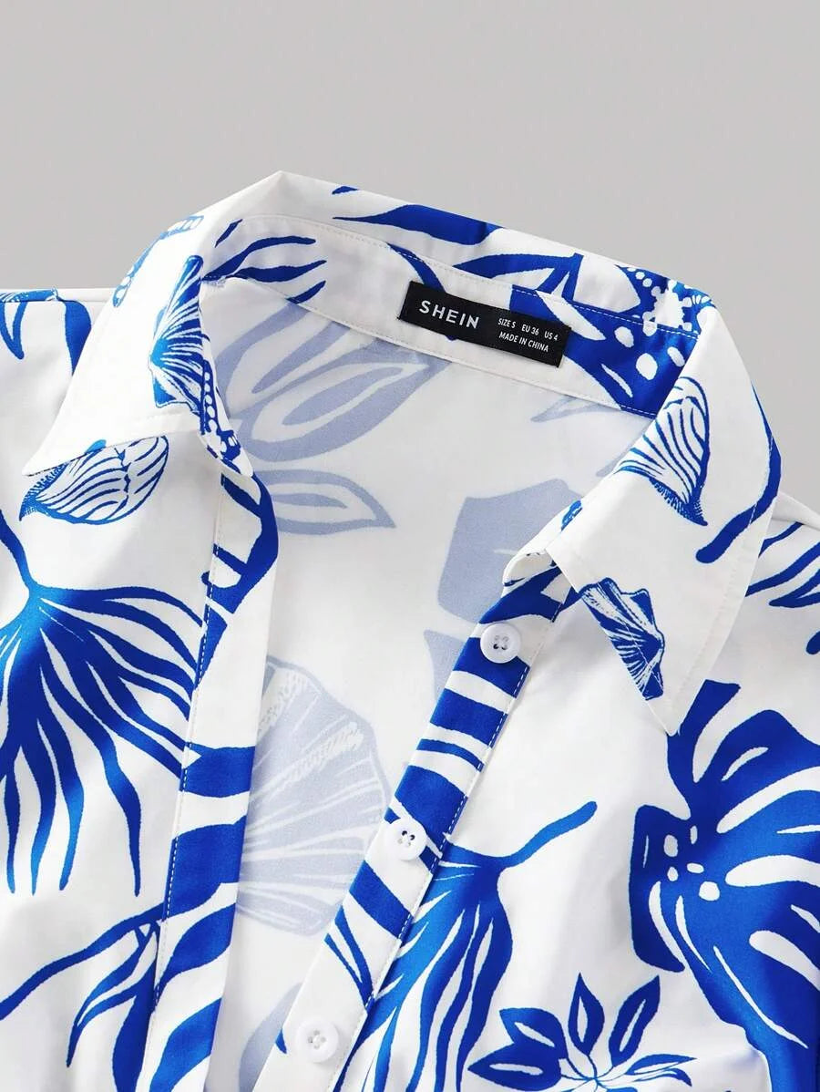 Crop Top Seashell Print Twist Neck Short Sleeve Shirt Casual Summer Shirt