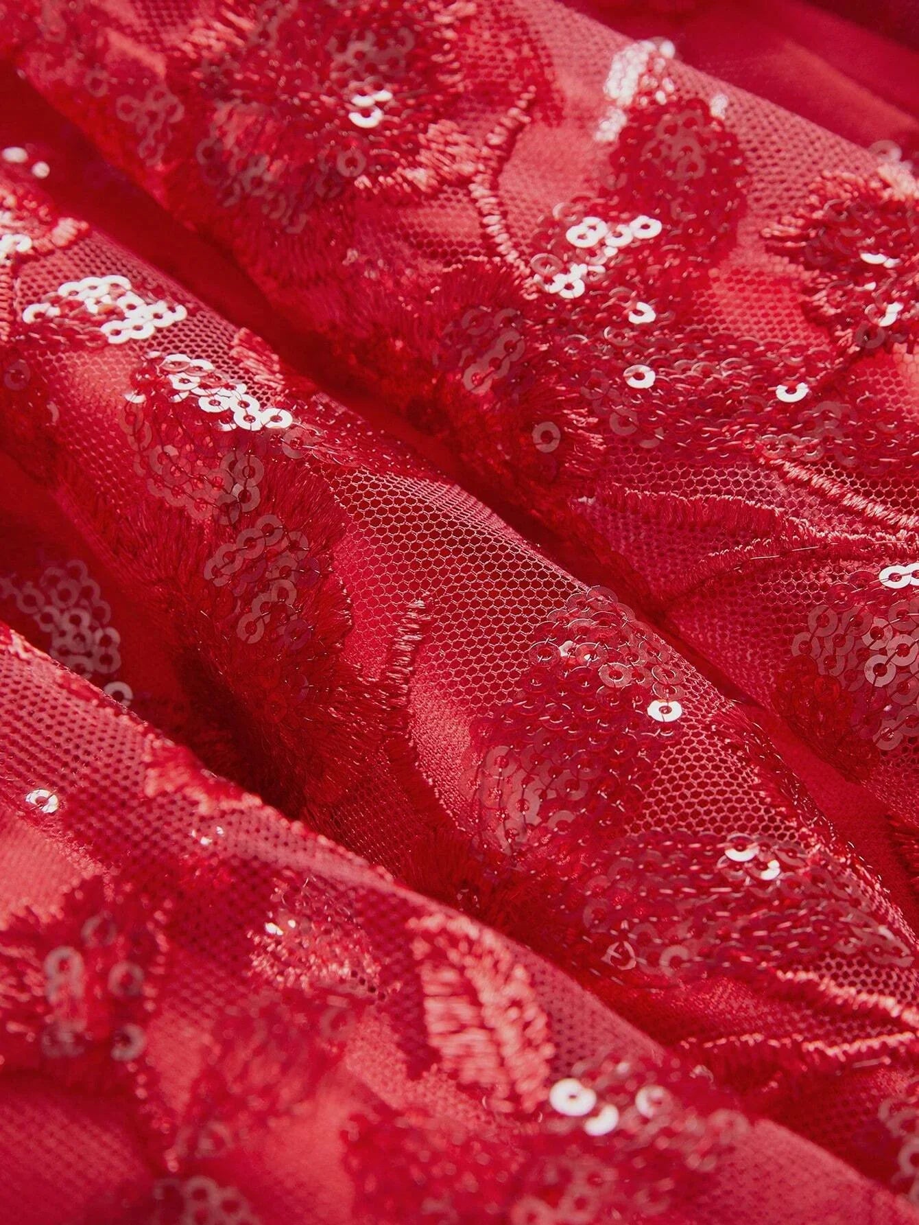 Sexy amp Elegant Christmas Red Metallic Sequin Sheer Mesh Panel Bodycon Party Dress For Women For