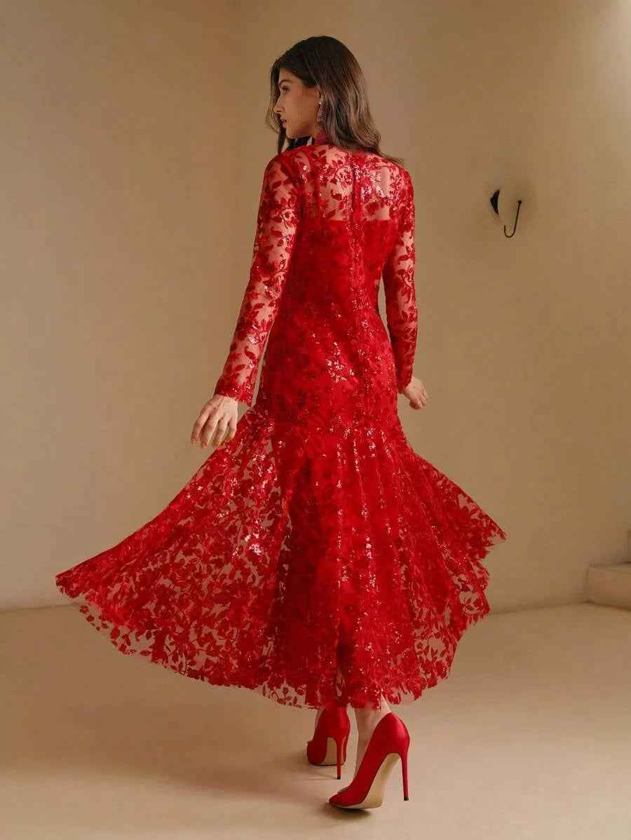 Sexy amp Elegant Christmas Red Metallic Sequin Sheer Mesh Panel Bodycon Party Dress For Women For