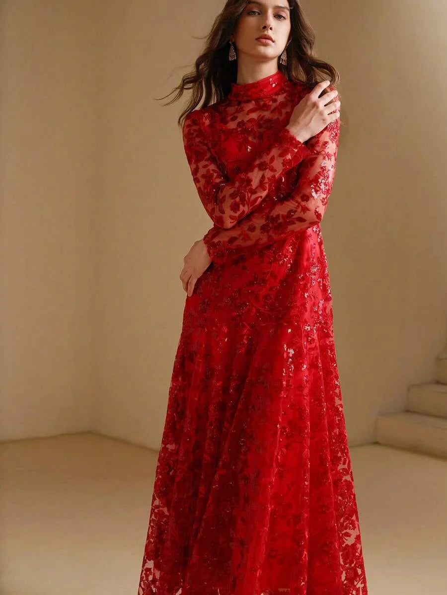Sexy amp Elegant Christmas Red Metallic Sequin Sheer Mesh Panel Bodycon Party Dress For Women For