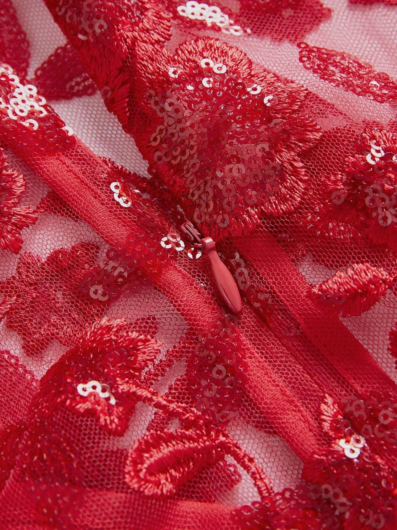 Sexy amp Elegant Christmas Red Metallic Sequin Sheer Mesh Panel Bodycon Party Dress For Women For