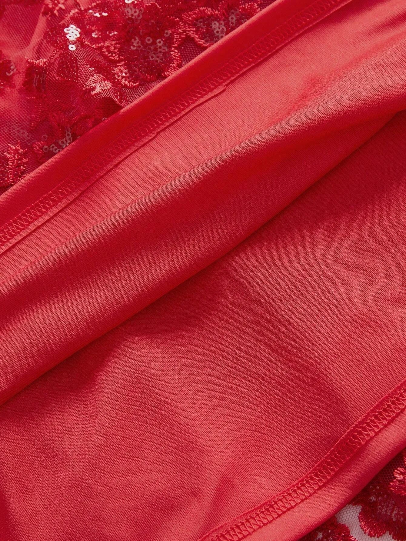 Sexy amp Elegant Christmas Red Metallic Sequin Sheer Mesh Panel Bodycon Party Dress For Women For