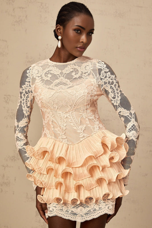 Short floral lace mini dress with tiered skirt and lace paneling details