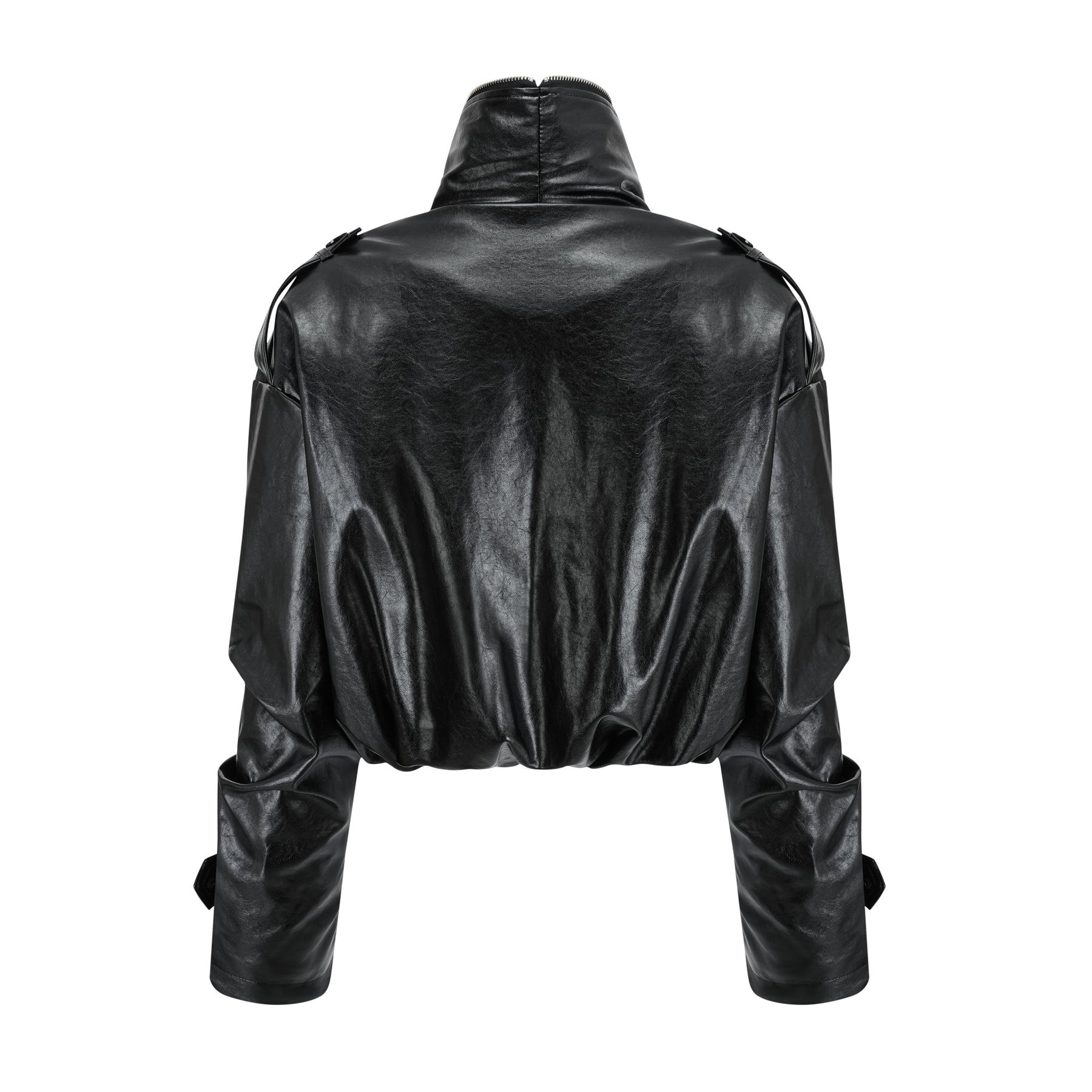 Short quilted leather jacket in black with zipper closure and standing collar