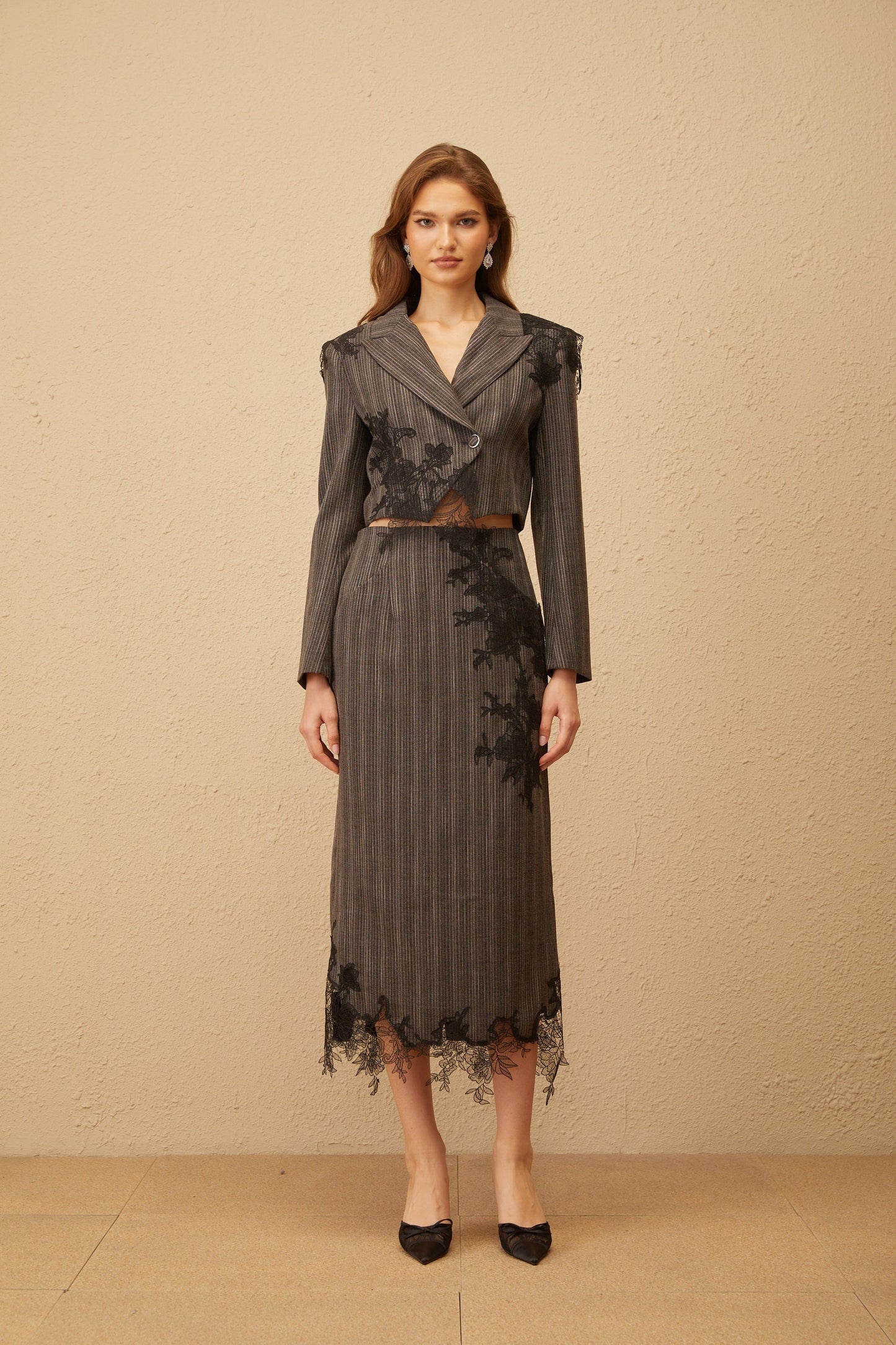 Sidonie Grey Floral Appliqué Striped Blazer Skirt Set