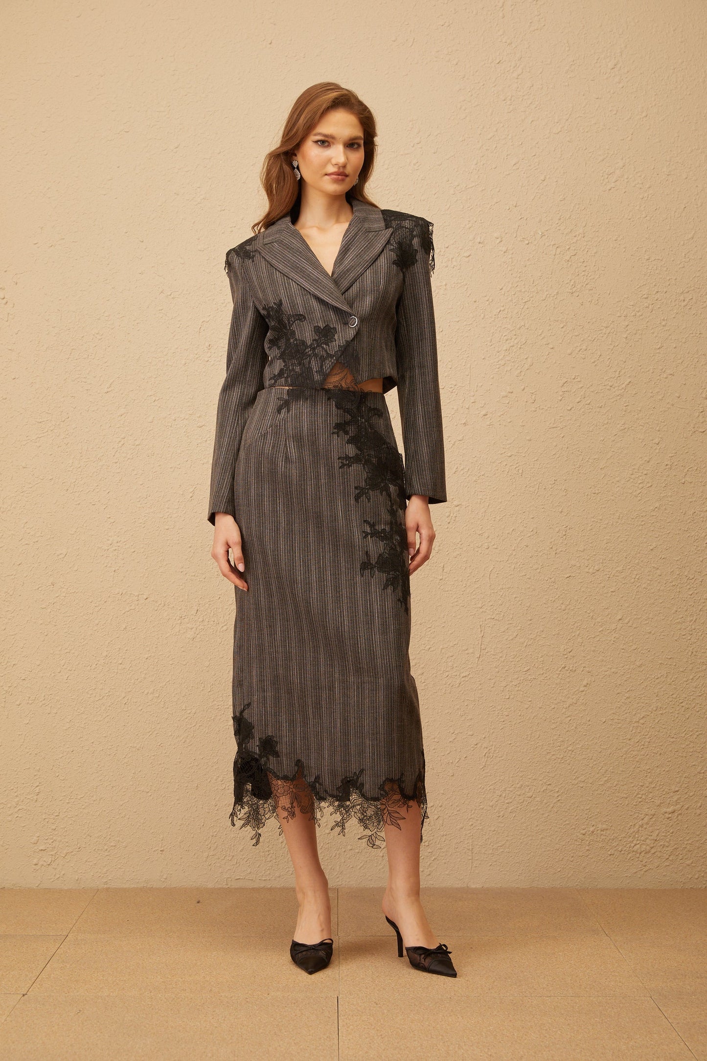 Sidonie Grey Floral Appliqué Striped Blazer Skirt Set