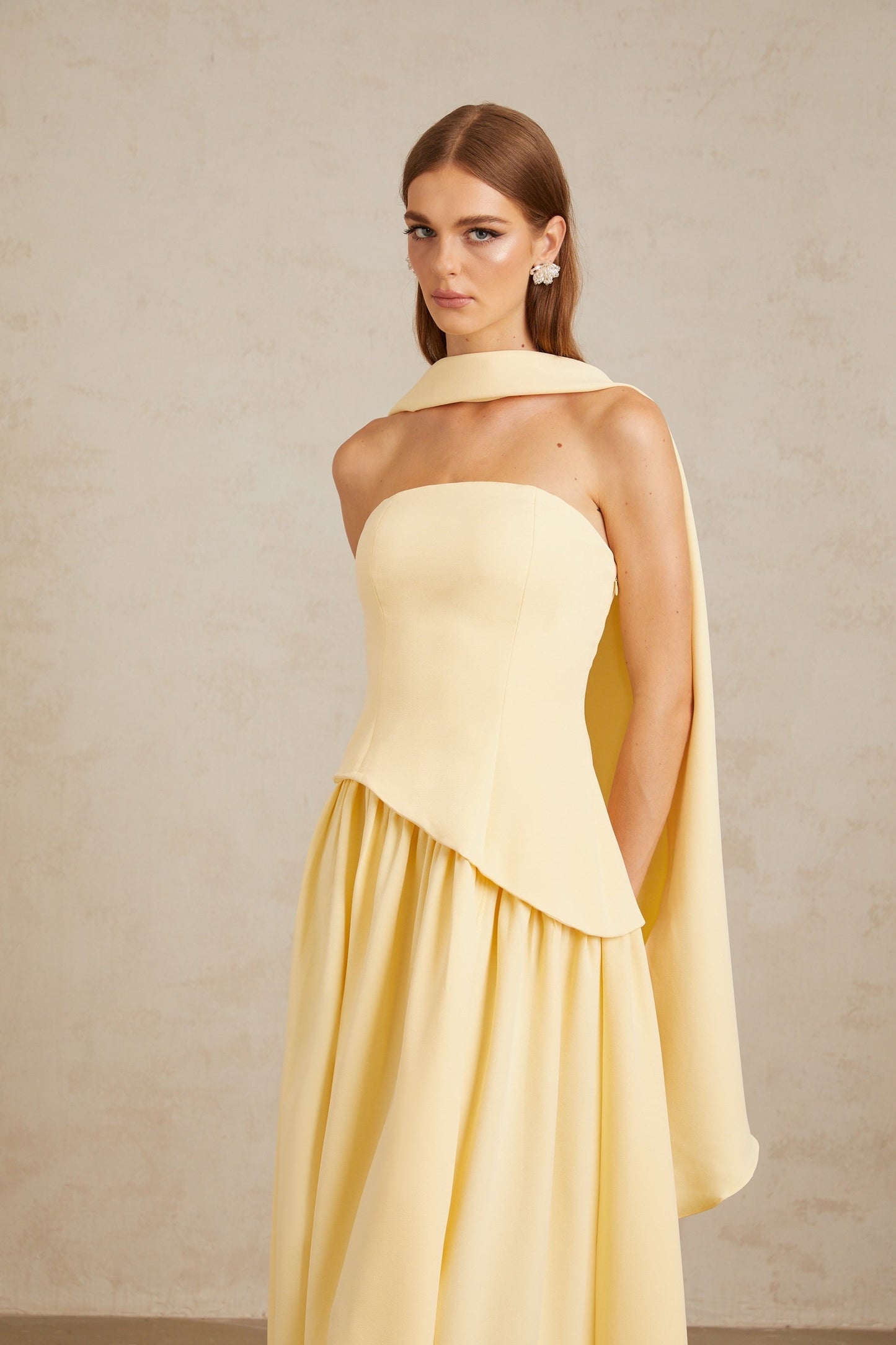 Sidonie Yellow OffShoulder Panel Maxi Gown