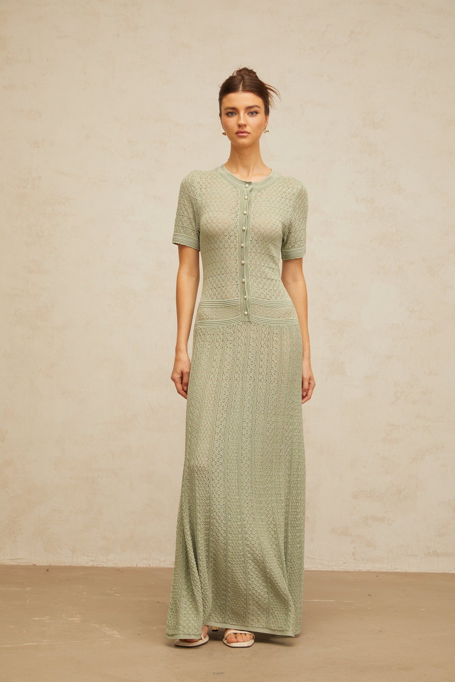 Siena green shirred crochetknit maxi dress