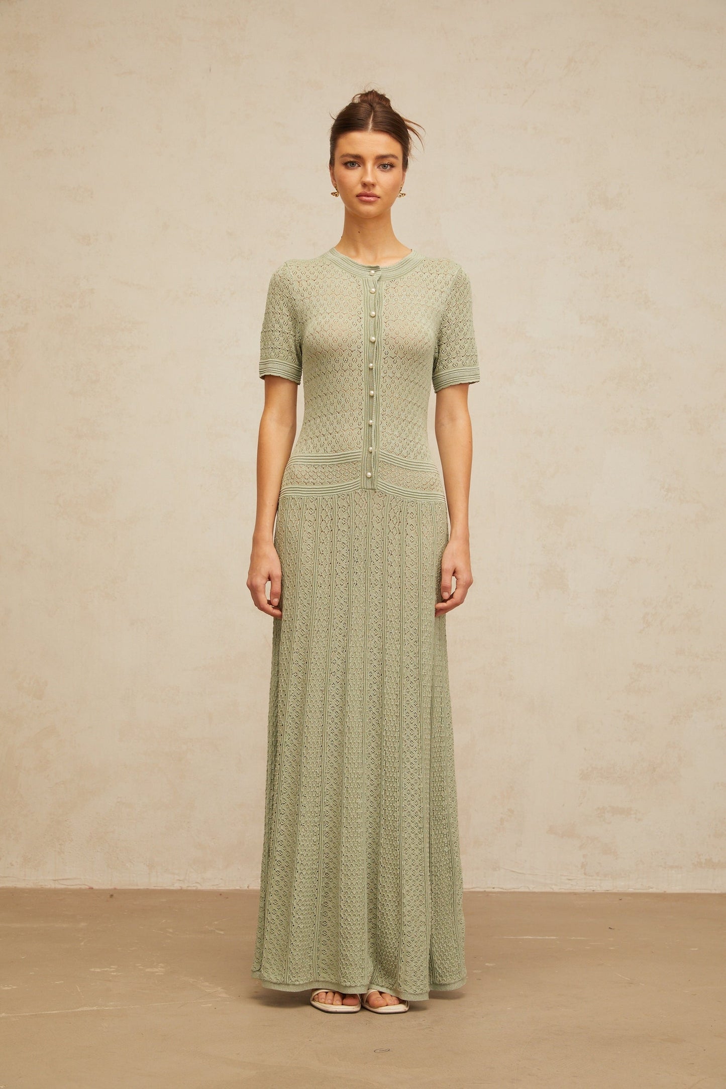 Siena green shirred crochetknit maxi dress