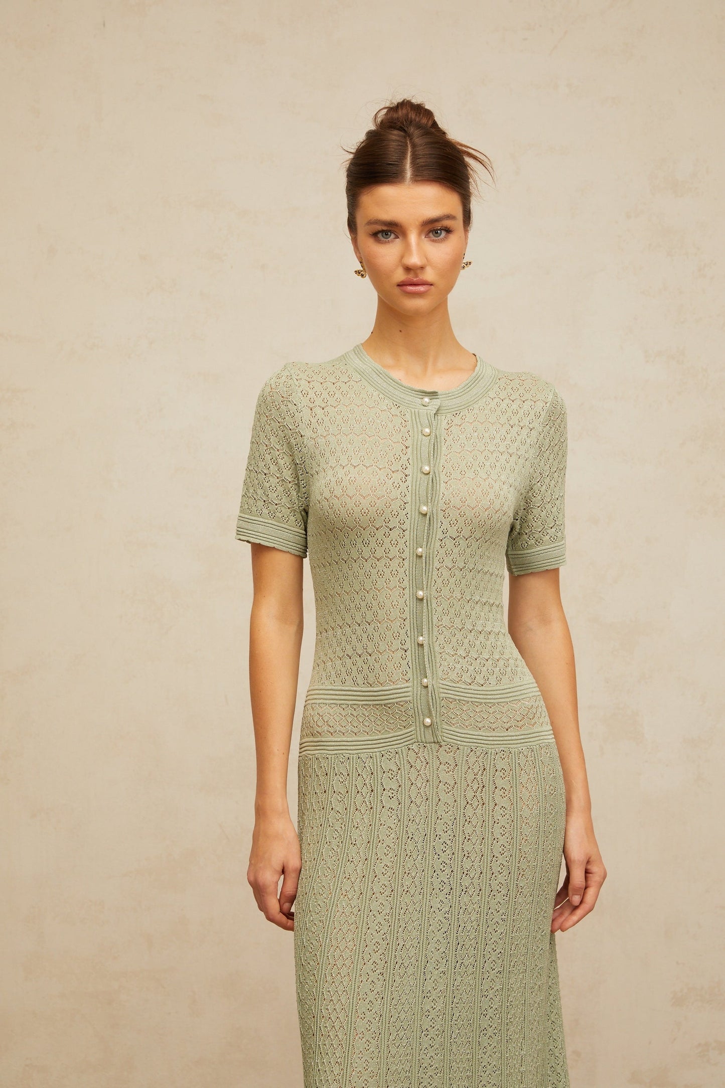 Siena green shirred crochetknit maxi dress