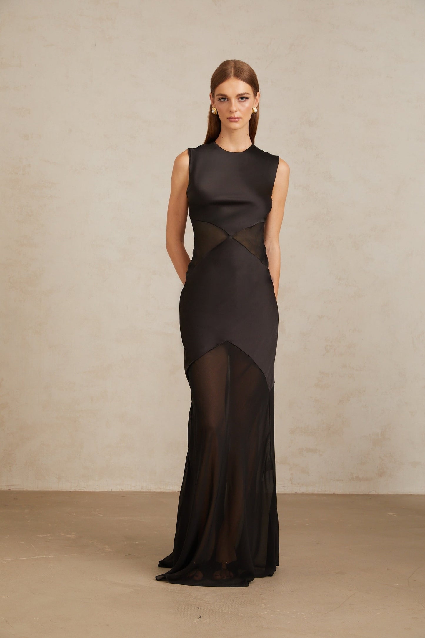 Siiri Black Tulle Panel Satin Maxi Gown