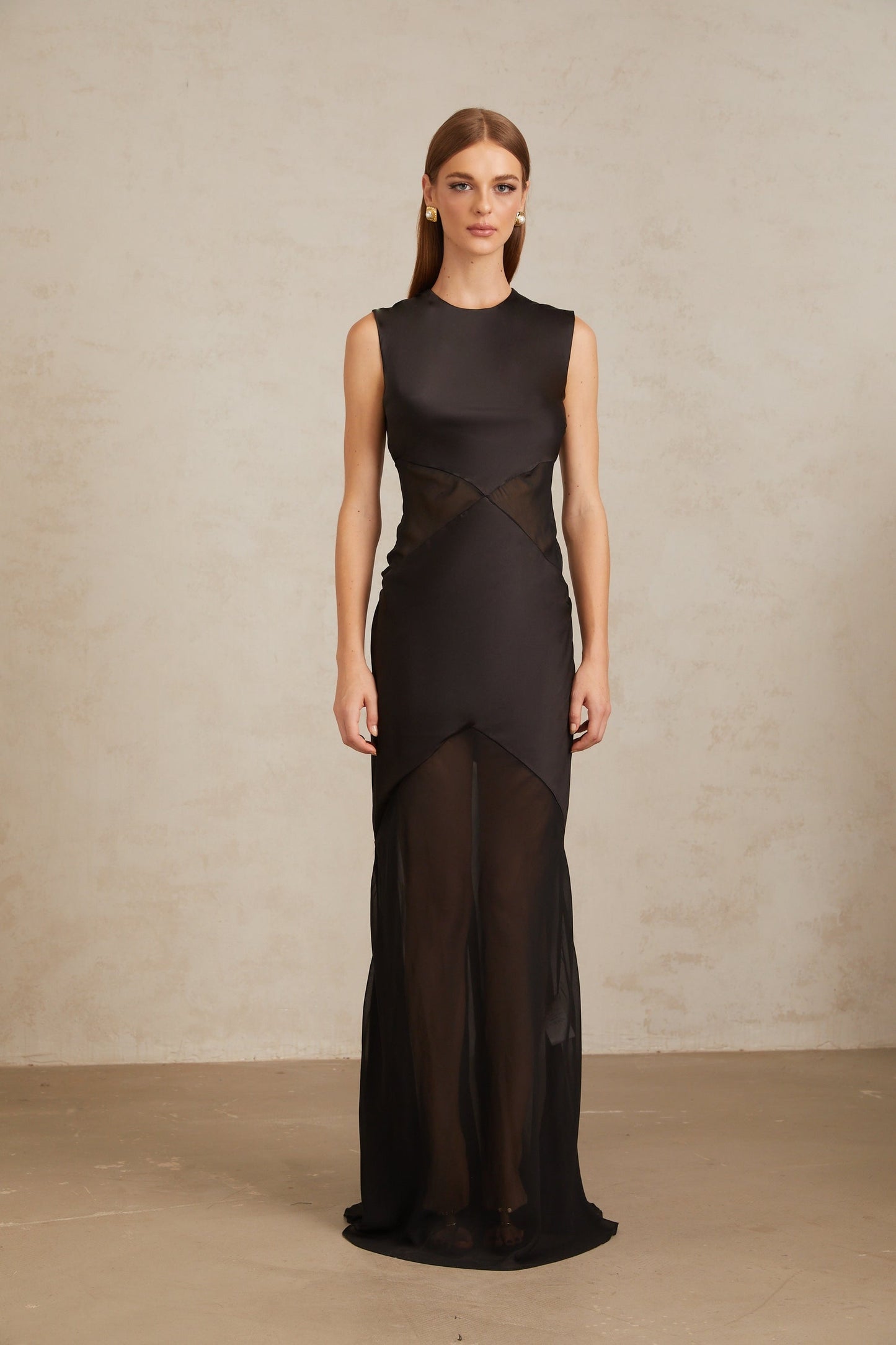 Siiri Black Tulle Panel Satin Maxi Gown