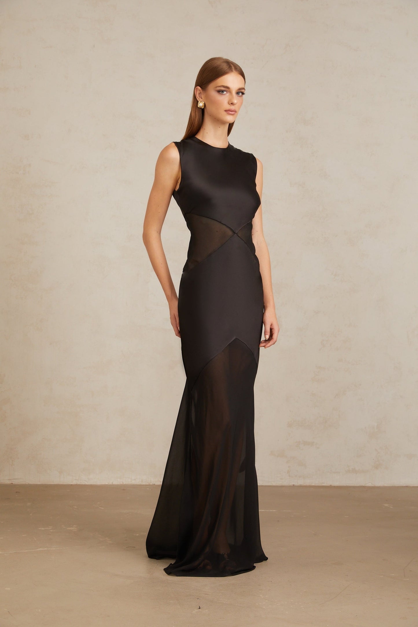 Siiri Black Tulle Panel Satin Maxi Gown