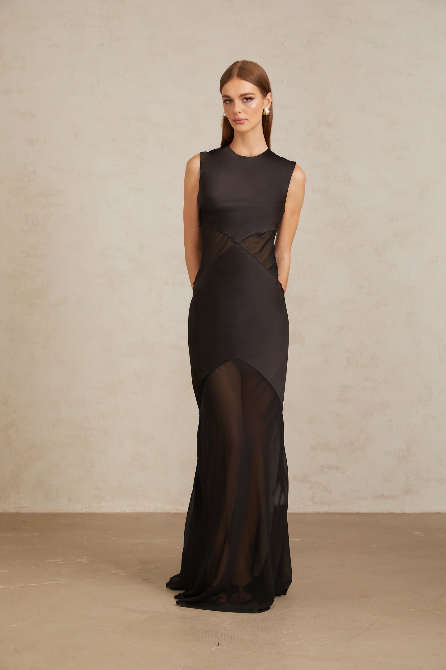 Siiri Black Tulle Panel Satin Maxi Gown