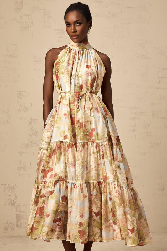 Sleeveless floral midi dress in neutral tones with allover print pattern