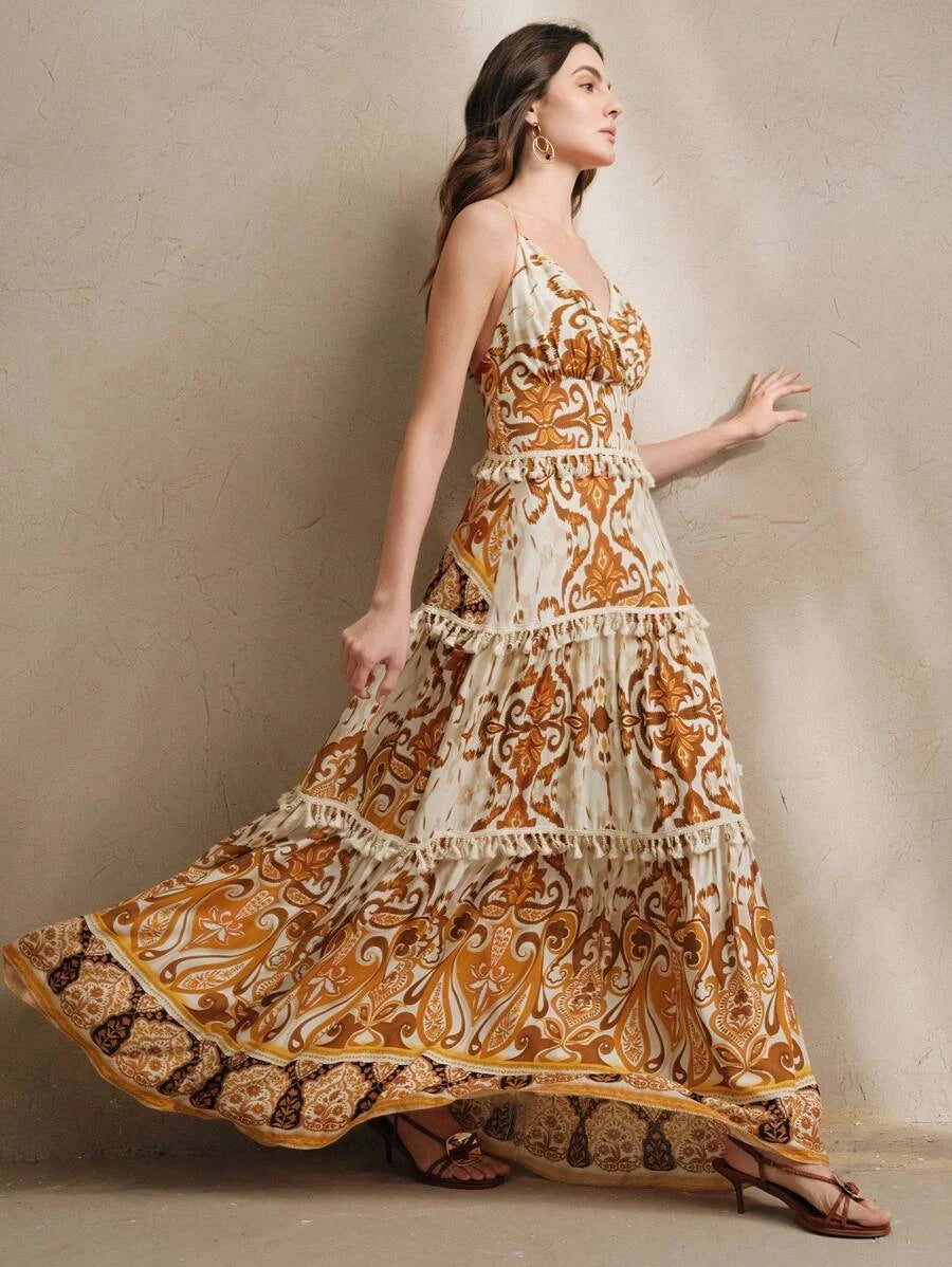 Sleeveless VNeck Backless Floral Print Dress Bohemian SpringSummer Outfits For Women