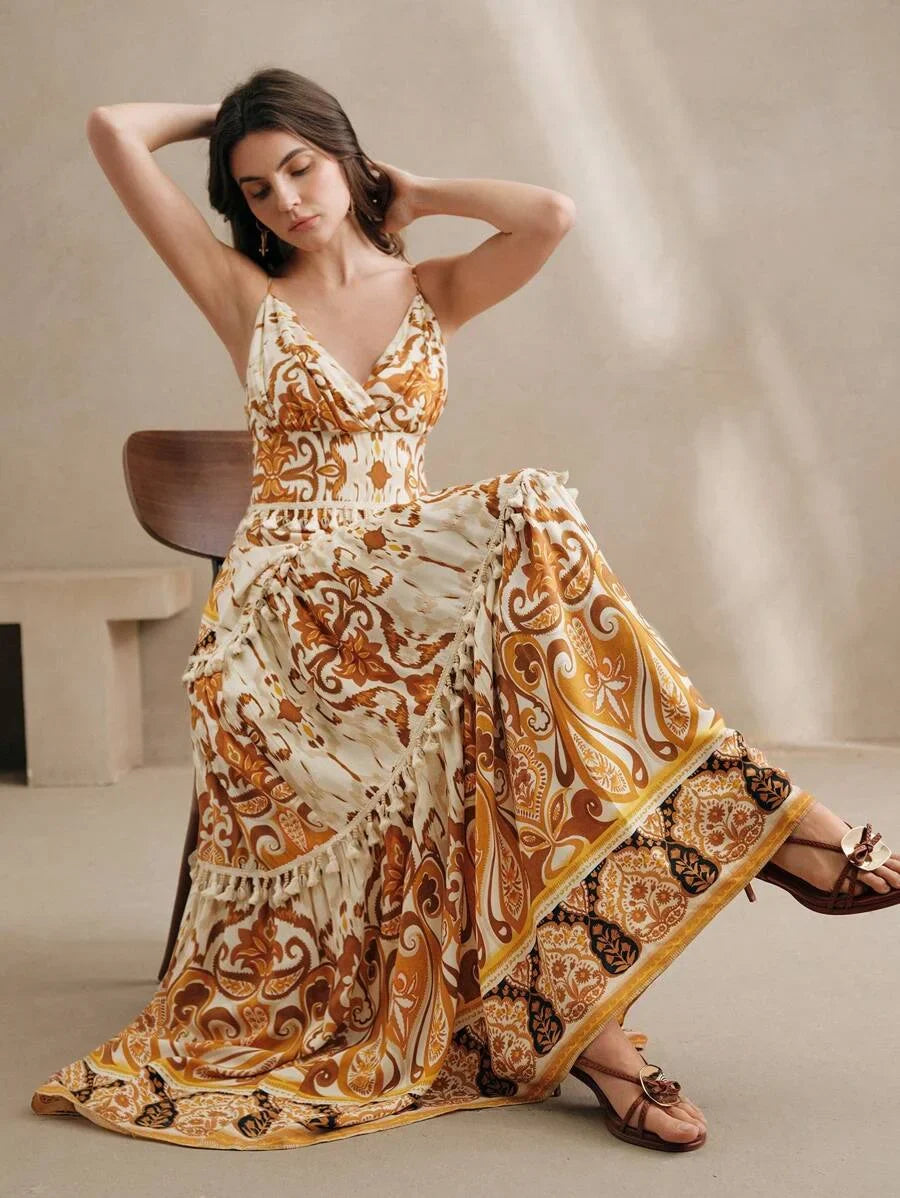 Sleeveless VNeck Backless Floral Print Dress Bohemian SpringSummer Outfits For Women