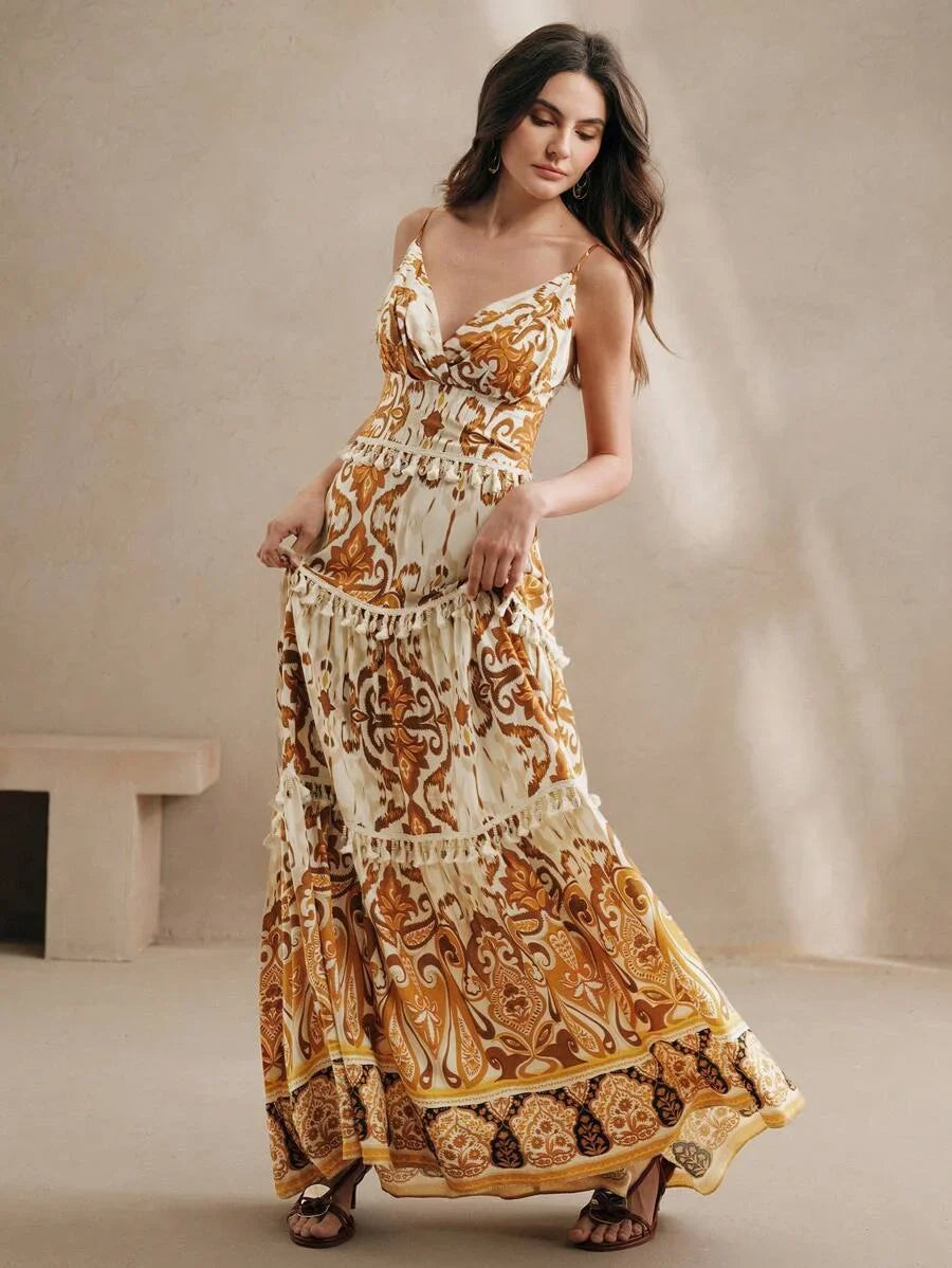 Sleeveless VNeck Backless Floral Print Dress Bohemian SpringSummer Outfits For Women