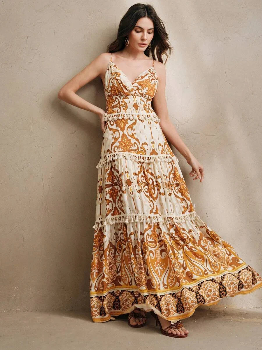 Sleeveless VNeck Backless Floral Print Dress Bohemian SpringSummer Outfits For Women