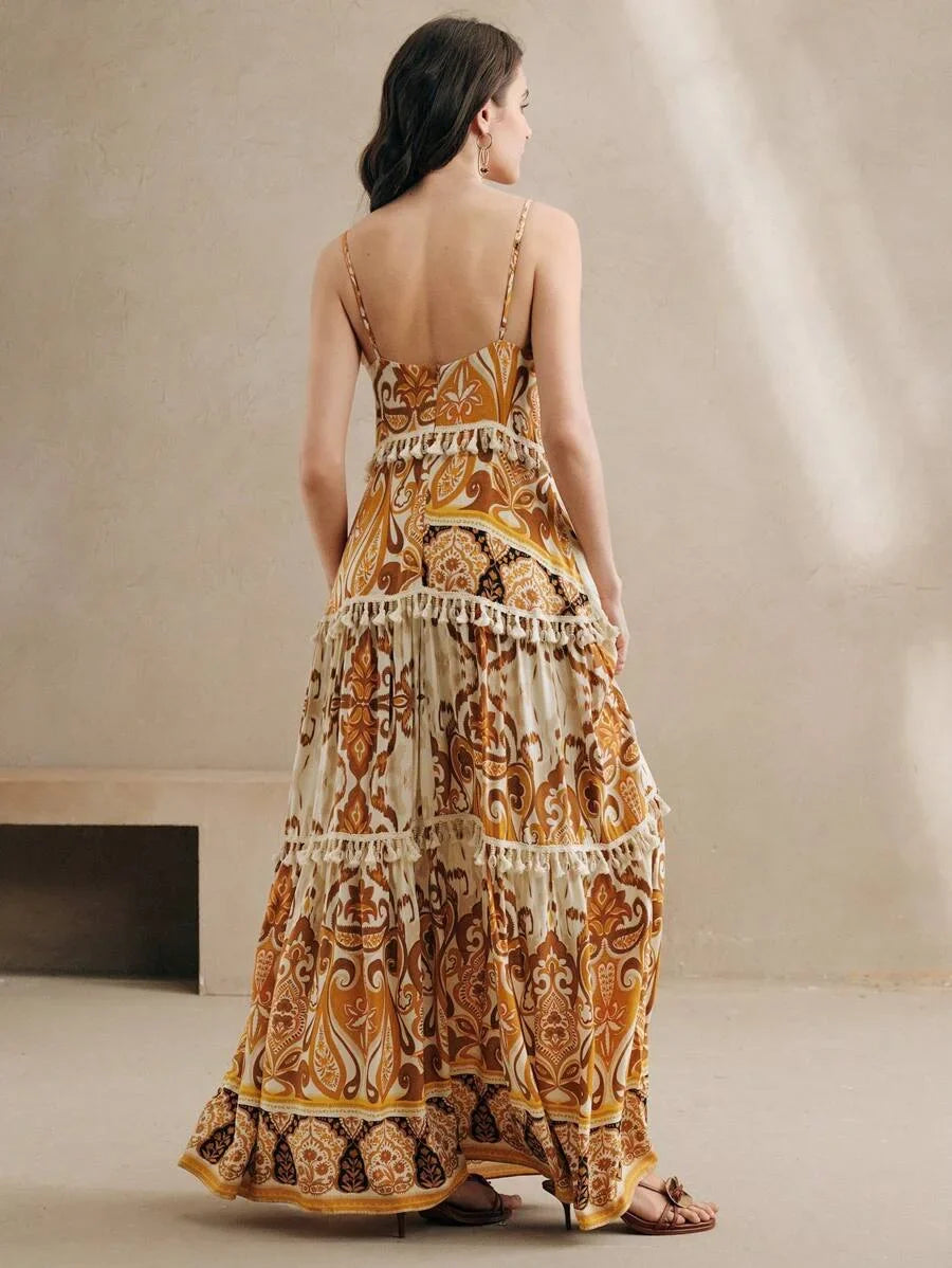 Sleeveless VNeck Backless Floral Print Dress Bohemian SpringSummer Outfits For Women