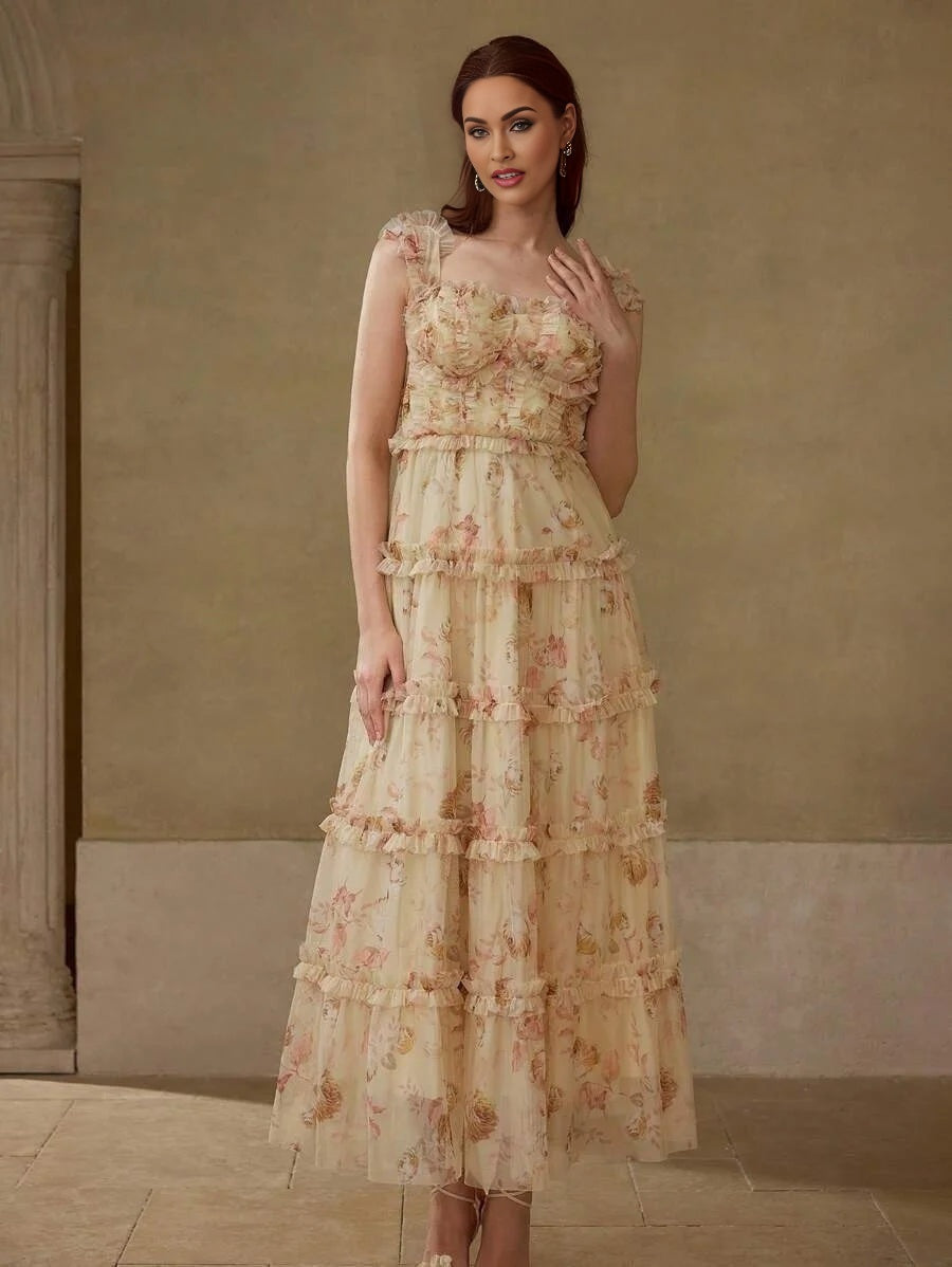 Soiréza MESH ALLOVER FLORAL PRINT LAYERED RUFFLE TRIM BUSTIER COCKTAIL DRESS