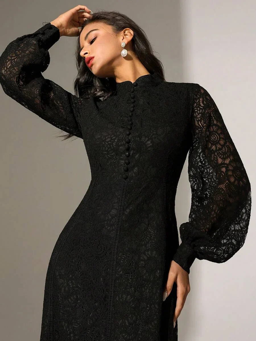 Solid Color Lace Trimmed Button Decoration Long Sleeve Dress Maxi Women Outfit