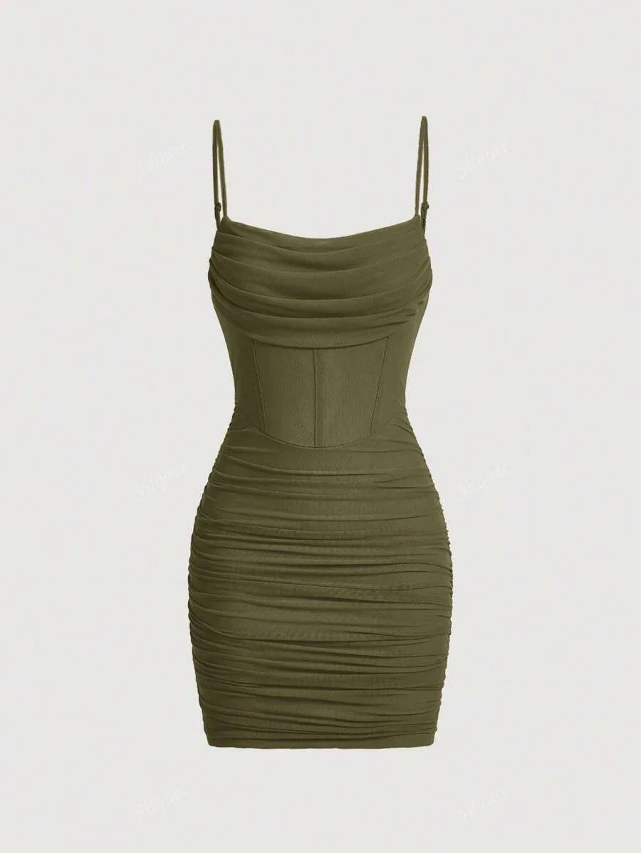 Solid Fish Bone Decoration Ruched Green Mesh Date Night Cami Dress