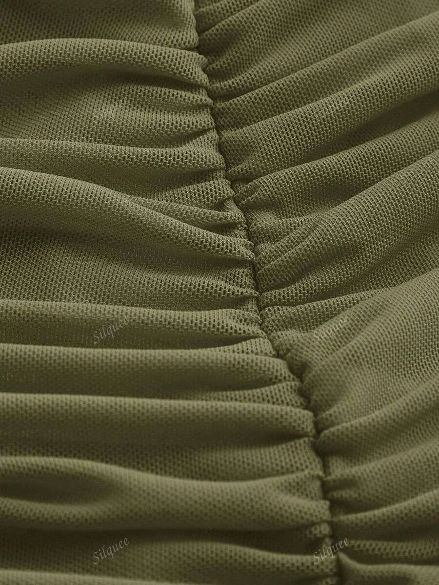 Solid Fish Bone Decoration Ruched Green Mesh Date Night Cami Dress