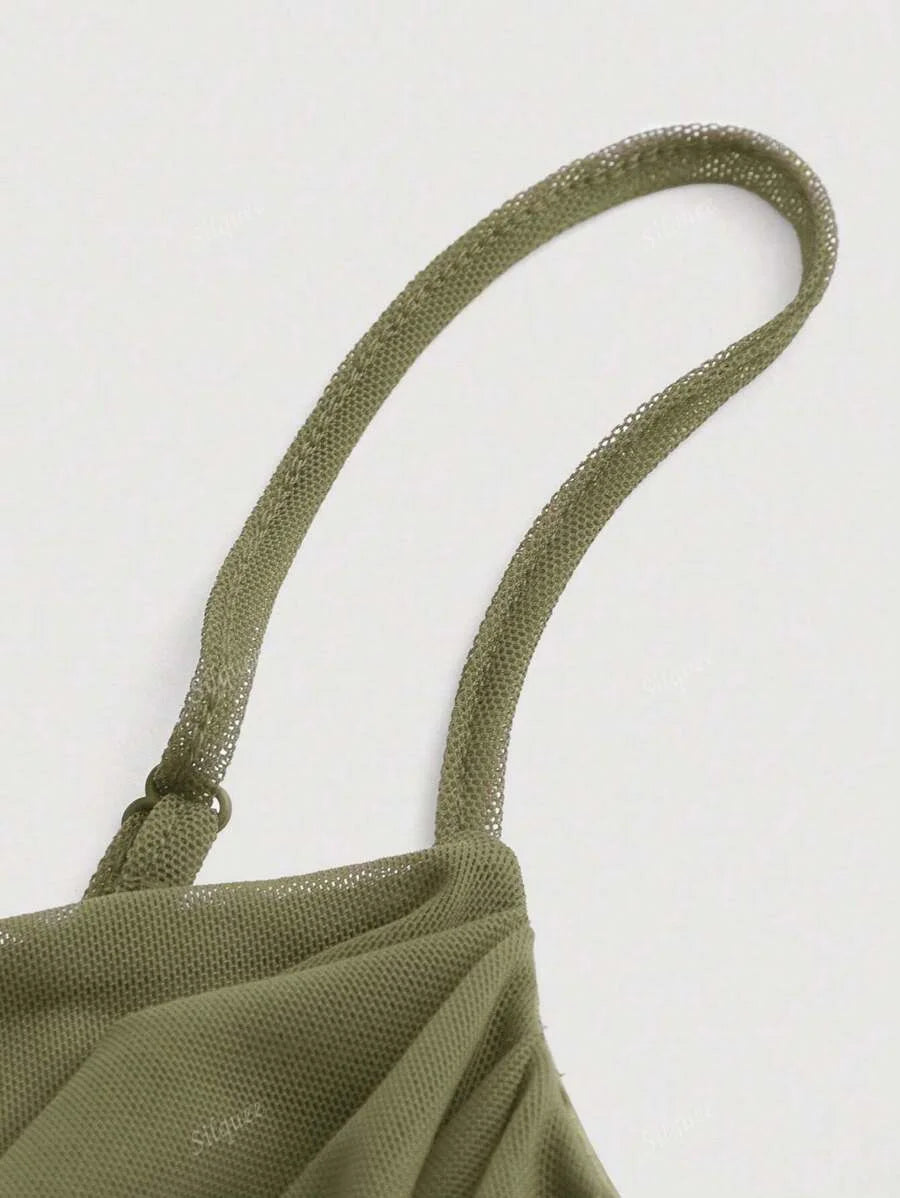 Solid Fish Bone Decoration Ruched Green Mesh Date Night Cami Dress